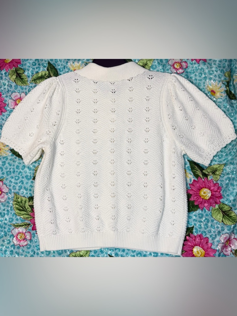 Women's White Short-Sleeve Knit Button-Down Cardigan - Picture 4 of 16